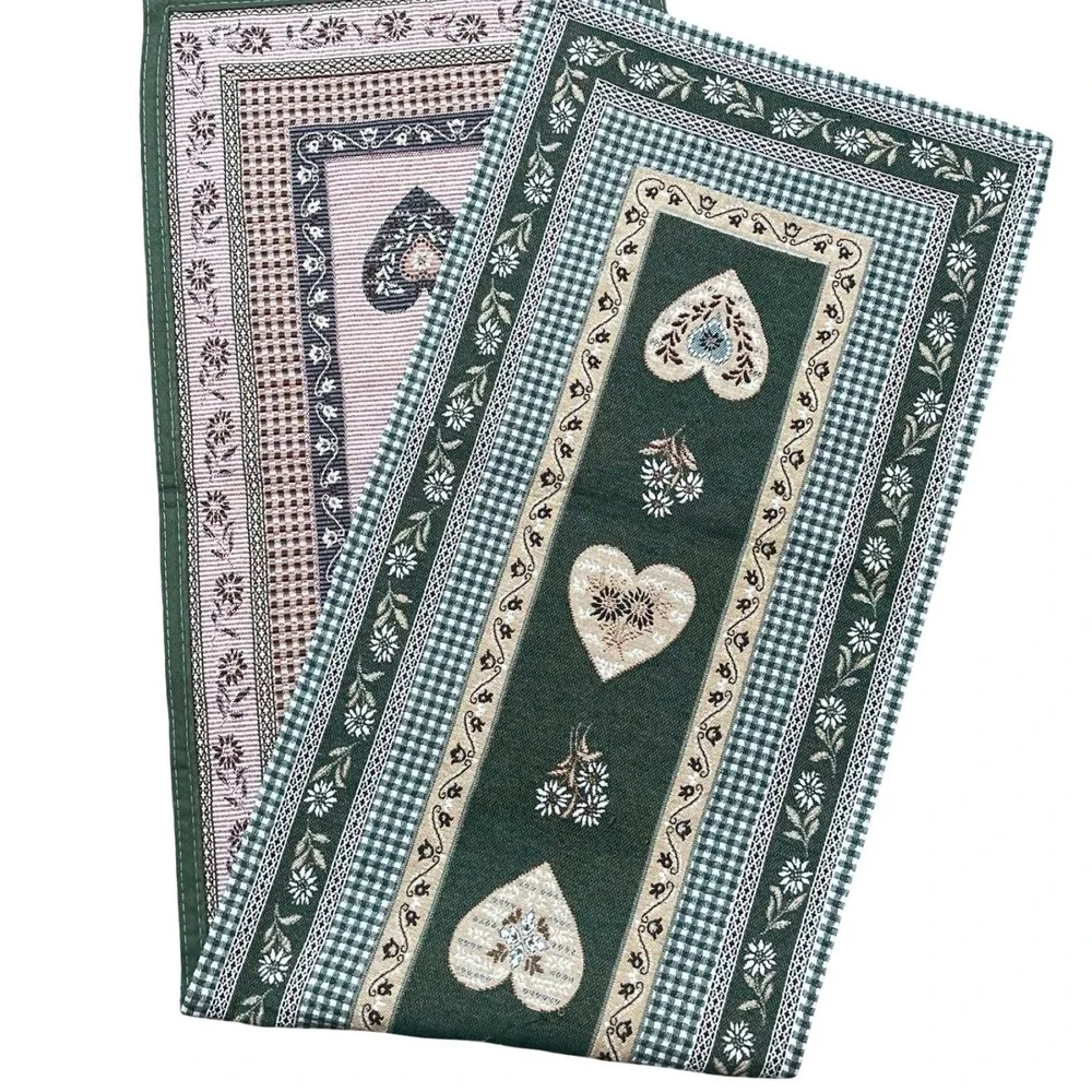 Vintage Tapestry Heart Gingham Floral Table Runner Green Italy Woven Cottagecore